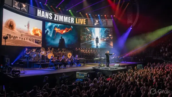 Hans Zimmer conducting his live band on a vast arena stage